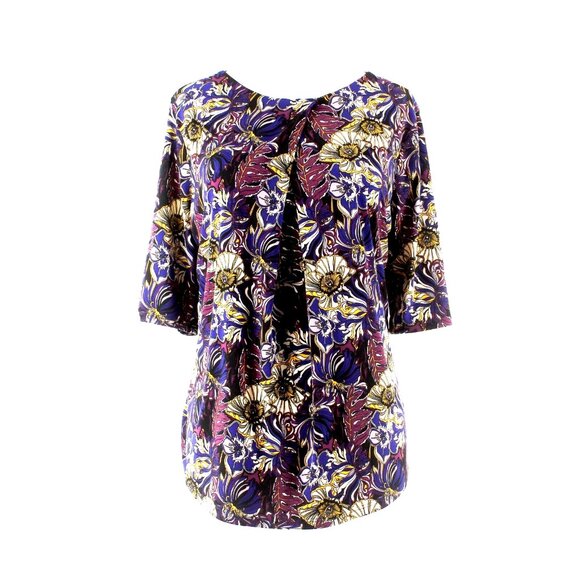 Liz Claiborne Sz M Purple Blue Multi Front Diagonal Pleat Poly Blend Top - Picture 1 of 12